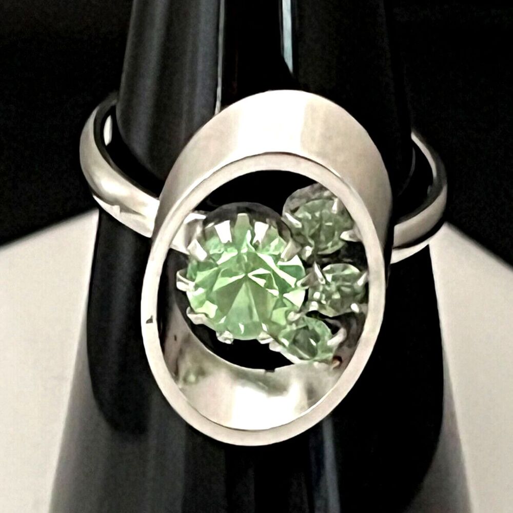 Vintage 1960s Cocktail Ring Green Rhinestones Mid Century Modern Geometric - 4J